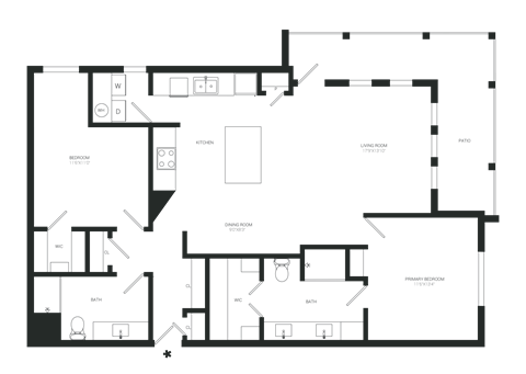 Floor plan for 2 beds, 2 baths, 1234 sqft